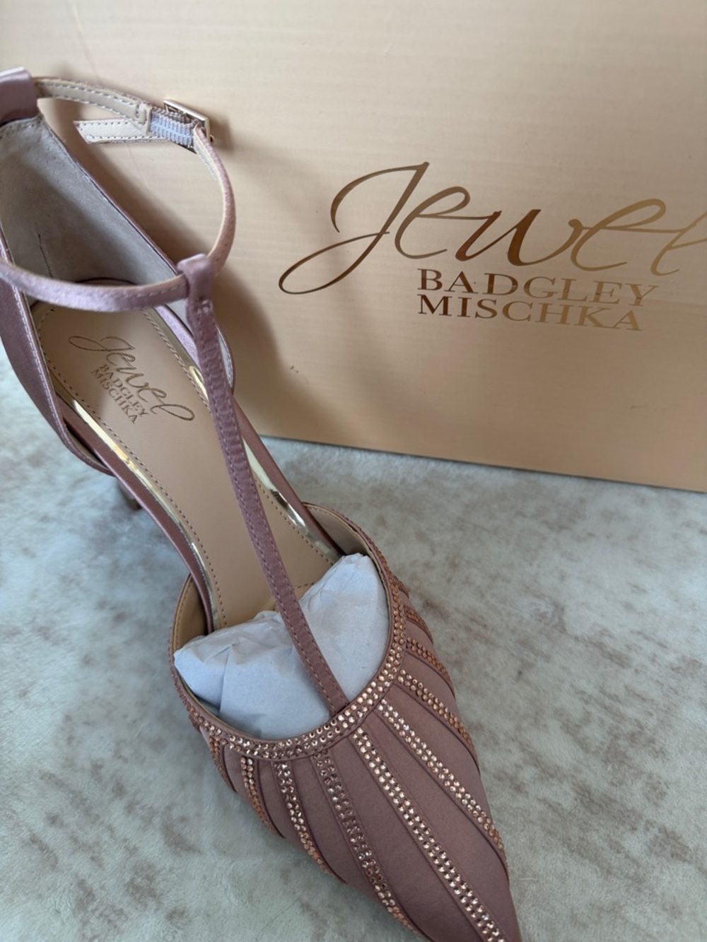 Badgley Mischka Blush Pink T-Strap Pointed Toe Heels with Crystal Accents